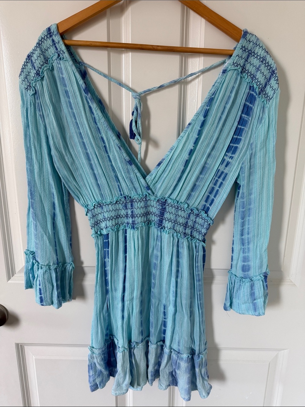 blue island Light Blue Tie-Dye V-Neck Smocked Tunic